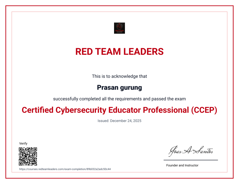 Red Team Leaders certificate awarded to Prasan Gurung